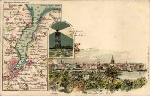 Landkarten Litho Kiel, Panorama, Friedrichsorter Leuchtturm