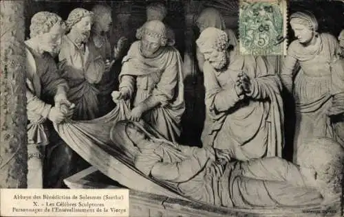 Ak Solesmes Sarthe, Benediktinerabtei, Skulptur, Personnages de l'Ensevelissement de la Vierge