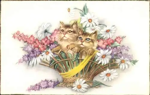 Ak Zwei Katzen in einem Blumenkorb