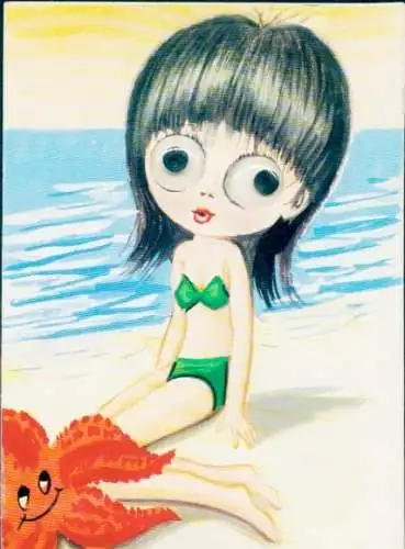 Wackelaugen Ak Mädchen am Strand, Badeanzug, Meer