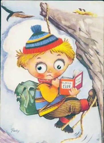 Wackelaugen Künstler Ak Gaby, Kind beim Klettern, Rucksack, Buch