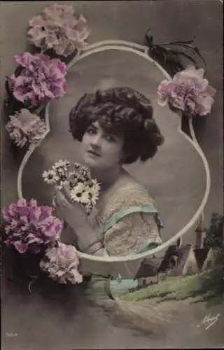 Ak Portrait einer Frau mit Blumen, Nelken