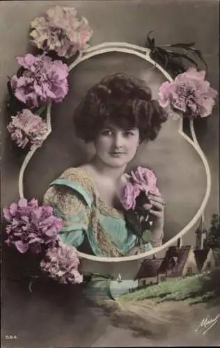 Ak Portrait einer Frau mit Blumen, Nelken