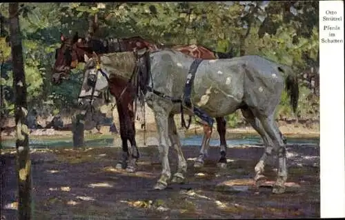 Künstler Ak Strützel, Otto, Pferde im Schatten, braunes und weißes Pferd