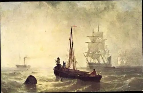 Künstler Ak Meyer, J. N. L., Sonnenaufgang auf dem Meere, Fischerboot, Segelschiff