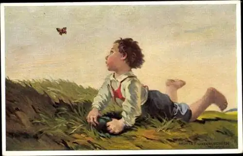 Künstler Ak Untersberger, Andreas, Entwischt, Kind auf einer Wiese, Schmetterling