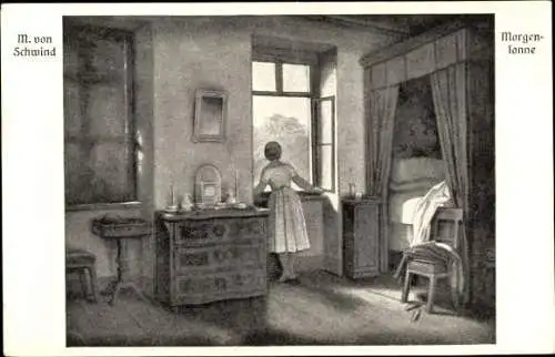 Künstler Ak von Schwind, Moritz, Morgensonne, Frau am Fenster