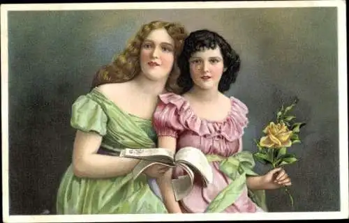 Künstler Ak Zwei junge Frauen, Buch, gelbe Rose