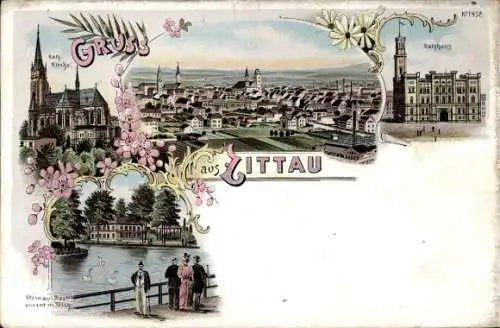 Litho Zittau in Sachsen, Kath. Kirche, Rathaus, Weinau Restaurant