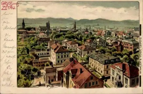 Künstler Litho Spindler, Erwin, Zittau in der Oberlausitz, Vogelschau auf den Ort