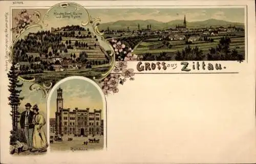 Litho Zittau in der Oberlausitz, Kirche, Dorf, Ruine und Berg Oybin, Rathaus, Panorama vom Ort