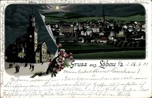 Mondschein Litho Löbau in Sachsen, Panorama bei Nacht, Rathaus