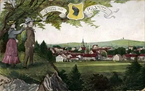 Ak Pulsnitz im Kreis Bautzen, Totalansicht der Ortschaft, Wanderer, Wappen