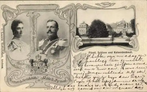 Ak Bad Arolsen in Hessen, Schloss, Kaiserdenkmal, Fürst Friedrich, Fürstin zu Waldeck und Pyrmont