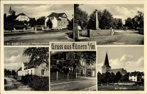 Ak Lünern Unna im Ruhrgebiet, Evangelische Kirche, Pastorat, Gemeindehaus, Ehrenmal, Schule