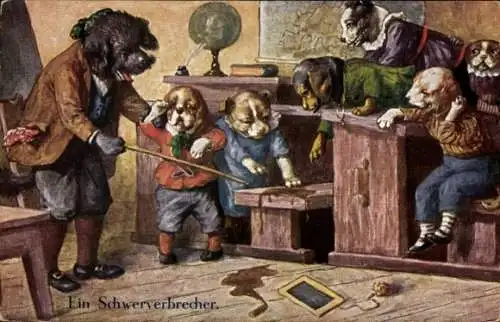 Künstler Ak Thiele, Arthur, Vermenschlichte Hunde, Schwerverbrecher, Schulklasse, Lehrer