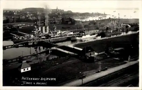 Ak Holtenau Kiel, Holtenauer Schleusen, Deutsche Kriegsschiffe Elsass und Hessen, Linienschiffe