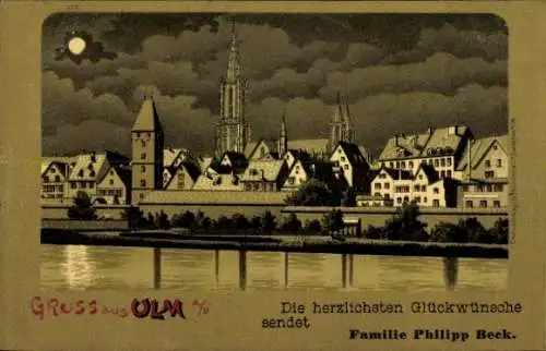 Mondschein Litho Ulm an der Donau Baden Württemberg, Fluss, Kirche