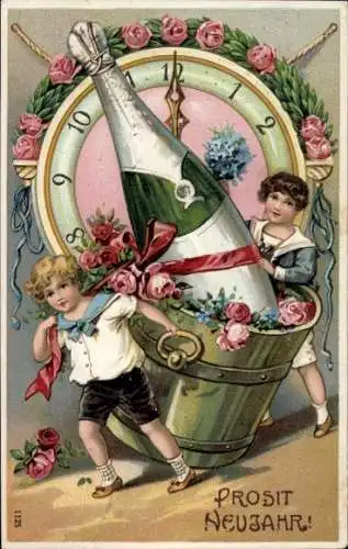 Präge Ak Glückwunsch Neujahr, Kinder, Eimer, Sektflasche, Rosen