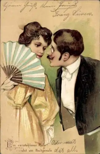 Präge Ak Mann versucht Frau zu küssen, Fächer, Ein verstohlener Kuss ist ein Hochgenuss