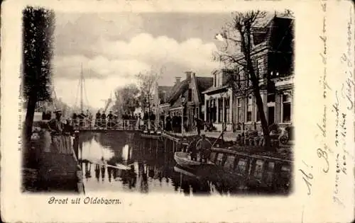 Ak Oldeboorn Friesland Niederlande, Brücke, Boot, Passanten