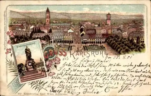 Litho Karlsruhe in Baden, Friedrichsdenkmal, Panorama