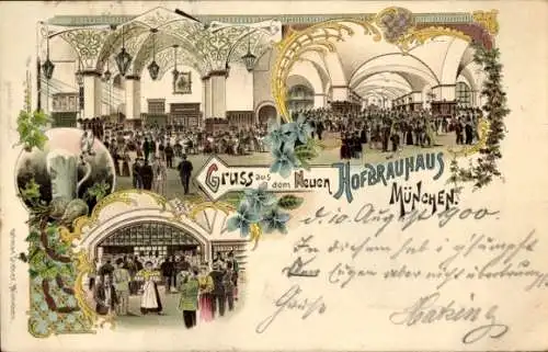 Litho München Bayern, Hofbräuhaus, Innenansicht