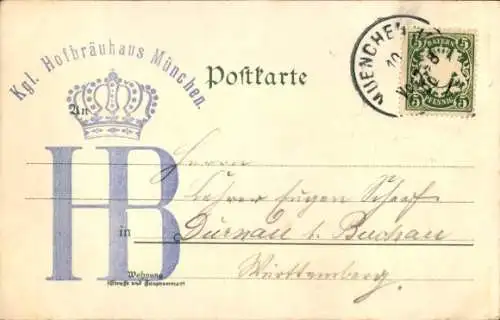 Litho München Bayern, Hofbräuhaus, Innenansicht