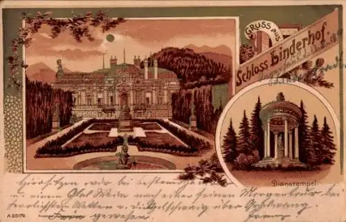 Litho Linderhof Ettal Oberbayern, Schloss Linderhof, Dianatempel