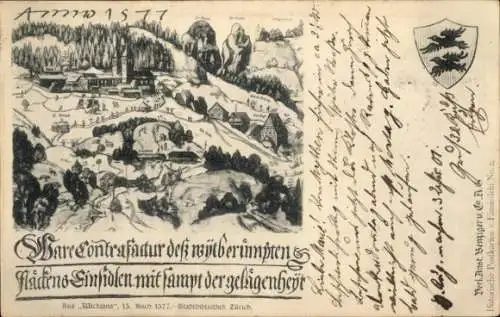 Litho Einsiedeln Kanton Schwyz Schweiz, Gesamtansicht, Wappen, Jahr 1577