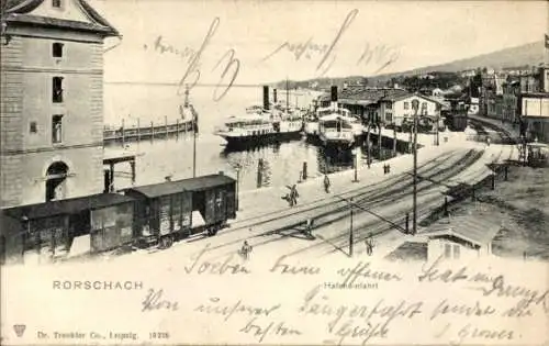 Ak Rorschach Kt. St. Gallen Schweiz, Eisenbahn, Dampfer, Hafen