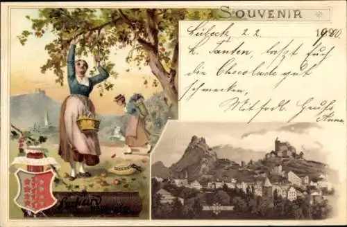 Litho Sion Kanton Wallis, Werbung Suchard, Wappen, Frau beim Pflücken