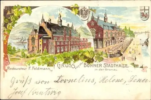 Litho Bonn in Nordrhein Westfalen, Stadthalle in der Gronau, Restaurateur F. Feldmann, Wappen