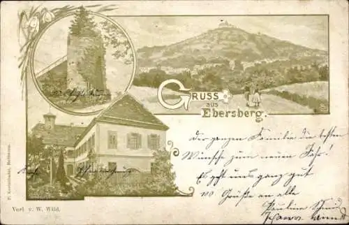 Litho Ebersberg Auenwald in Württemberg, Gesamtansicht, Turm