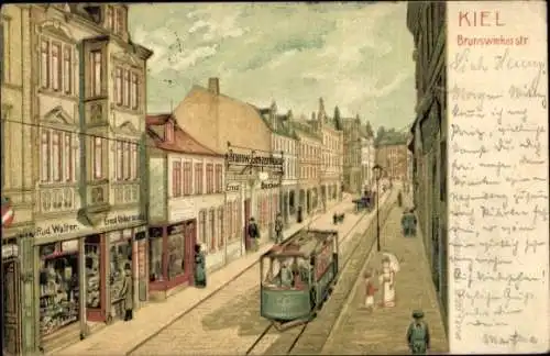 Litho Kiel, Brunswieker-Straße, Straßenbahn, Geschäft von Rud. Walter