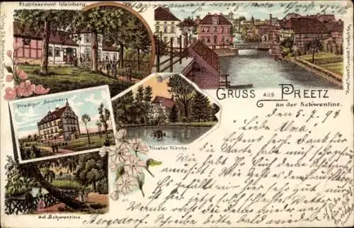 Litho Preetz in Holstein, Prediger-Seminar, Etablissement Weinberg, Klosterkirche, Schwentine