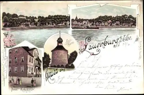 Litho Lauenburg in Schleswig Holstein, Hotel Ratskeller, Amtsturm, Flusspartie