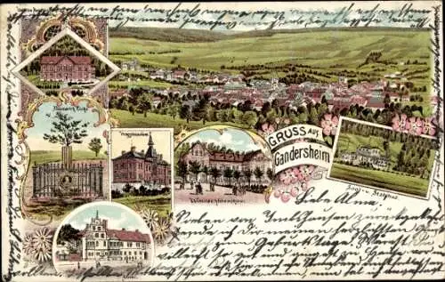 Litho Bad Gandersheim am Harz, Panorama, Abtei, Bismarckeiche, Waldschlösschen, Solbad, Stahlbad