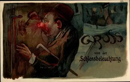 Ak Schlossbeleuchtung, Mann versucht, die Tür zu öffnen, Schlüssel, Betrunkener