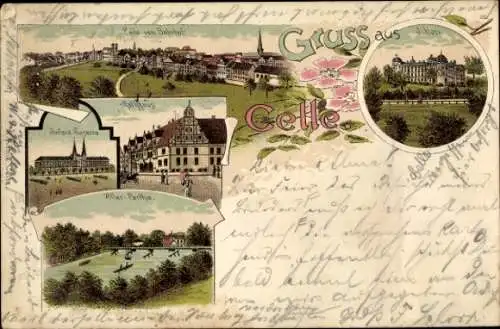 Litho Celle in Niedersachsen, Panorama, Rathaus, Kaserne, Allerpartie, Schloss