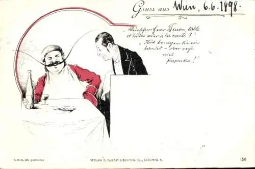 Litho Gast am Tisch, Restaurant, Kellner, Weinflasche