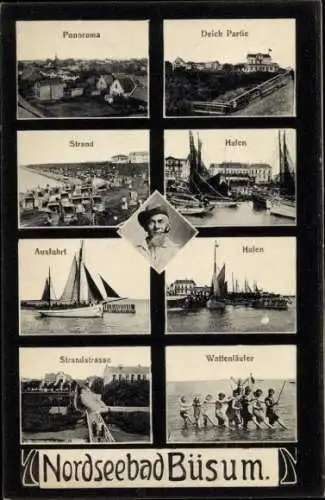 Ak Nordseebad Büsum, Deich, Hafen, Strand, Strandstraße, Wattenläufer