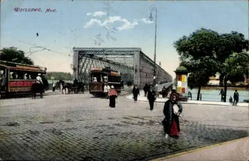 Ak Warszawa Warschau Polen, Most, Brücke mit Straßenbahnen, Passanten