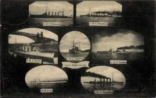 Ak Deutsche Kriegsschiffe, SMS Stralsund, Strassburg, Goeben, Magdeburg, Breslau, U 15