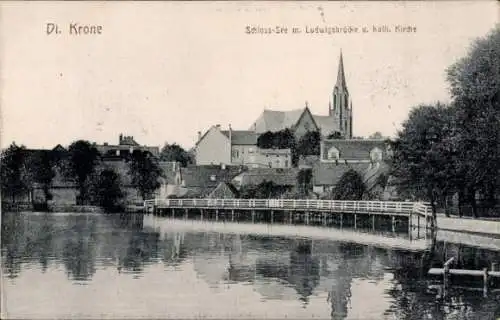 Ak Wałcz Deutsch Krone Pommern, Schlosssee, Ludwigsbrücke, katholische Kirche