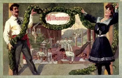 Ak Willkommen, Turner und Turnerin mit Girlande, Turner bei Übungen