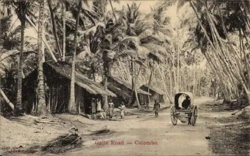 Ak Ceylon Sri Lanka, Galle Road, Karren, Strohhütten im Palmenwald