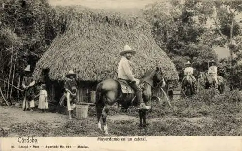 Ak Córdoba Mexico, Mayordomo en un cafetal, Kaffeeplantage, Arbeiter, Reetdachhütte