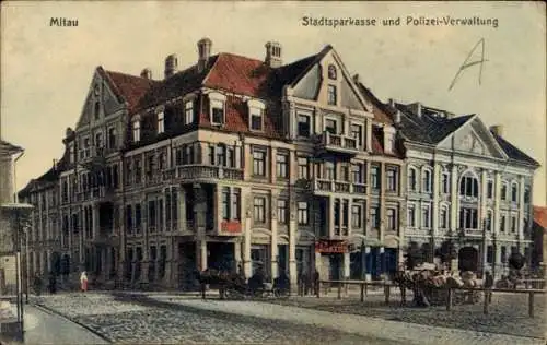 Ak Jelgava Mitau Lettland, Stadtsparkasse und Polizei Verwaltung