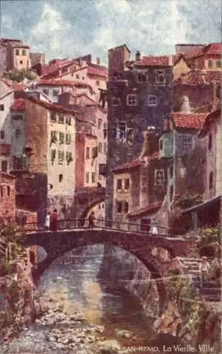 Künstler Ak San Remo Ligurien, Altstadt Idyll, Brücke